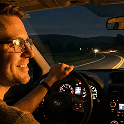 man with glasses driving at night