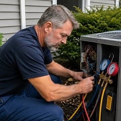HVAC technician checking the refrigerant charge on an outdoor condenser unit with manifold gauges