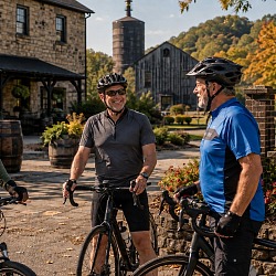 guys on a bike tour stopped outside a bourbon distillery