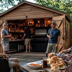 guys hanging out around a backyard BBQ shed with the wooden doors open and grills and gear staged inside