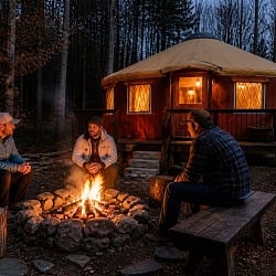 Three guys around a fire pit at dusk outside a lit yurt in the Smoky Mountains