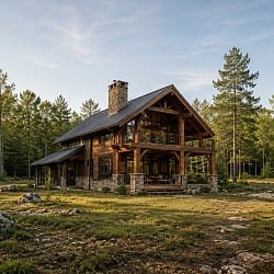 A modern timber frame cabin with a stone base, black metal roof, and a timber gable over a wall of windows in a pine clearing.