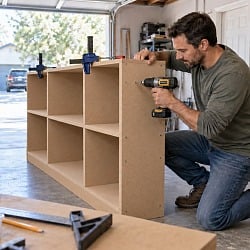 Man kneeling in a garage driving a screw into an MDF shelving unit with a cordless drill, spare MDF sheets leaning against a sawhorse