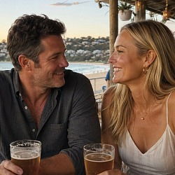 couple sharing beers at a Sydney beachfront bar at sunset