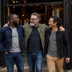 Three friends laughing together outside a brewery on a guys trip
