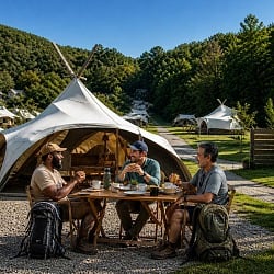 Three guys having lunch outside a safari tent at a Gatlinburg-area glamping resort with rows of tents in the background