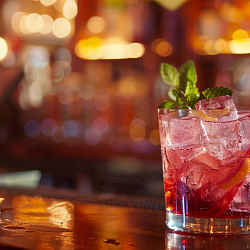 cocktail on bar top - avoid dyes and carbonation to help avoid a hangover