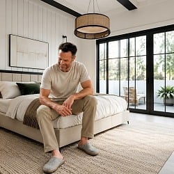 A dad in wool clogs sitting on the edge of his bed in a bright modern bedroom