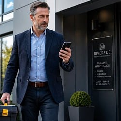 Property manager checking a maintenance request on his phone outside a building, toolbox in hand