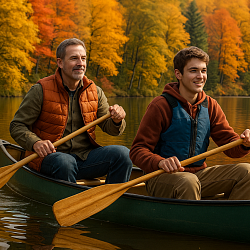 Father and son canoe trip exploring fall colors