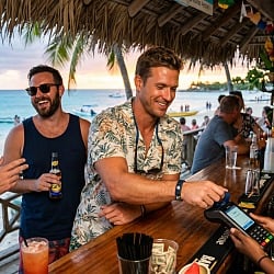 Man on a Caribbean cruise paying with an RFID wristband at a beach bar