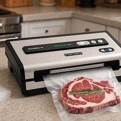 FRESKO AutoMax V8 vacuum sealer on a kitchen counter sealing a ribeye steak, with the included bag roll and pre-cut bags beside it