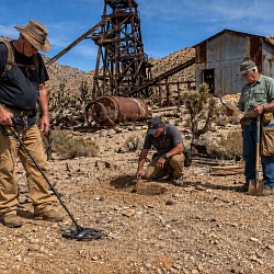 Three guys metal detecting and digging for treasure at an abandoned desert gold mine with a rusted headframe