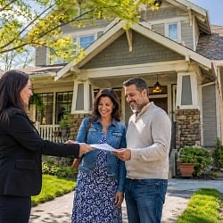 Real estate agent handing closing paperwork to a couple in front of a sold craftsman home