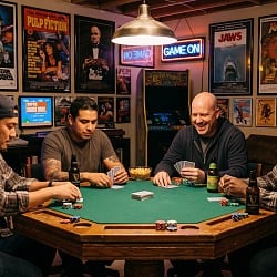 Guys night at home poker tournament with steaks, chips, and cocktails on the table