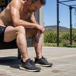 Man sitting on a bench after a workout, resting and checking his lower legs