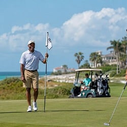 Four men golfing on an Emerald Coast course above the Gulf, with a cart and beach houses behind them