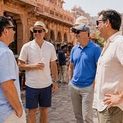 Four men in short sleeves talking together on a stone street lined with market stalls in Rajasthan, India