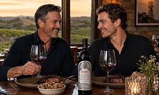 A father and son share steaks and a bottle of DAOU Soul of a Lion at a Paso Robles winery at sunset