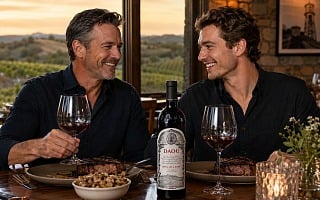 A father and son share steaks and a bottle of DAOU Soul of a Lion at a Paso Robles winery at sunset