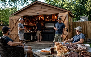 guys hanging out around a backyard BBQ shed with the wooden doors open and grills and gear staged inside