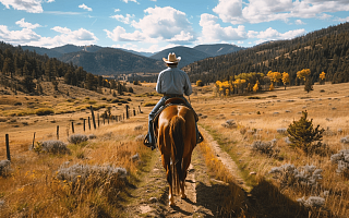 man on a horse riding down a trail on a Montana dude ranch