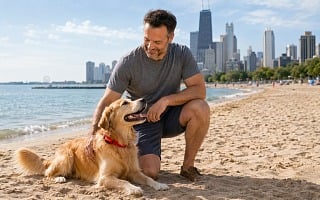 A dad kneeling beside his golden retriever on a Chicago lakefront beach