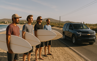 group of men on a surf road trip to baja mexico