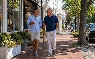 Two men walking down a Hamptons village Main Street past storefronts on a summer afternoon