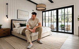 A dad in wool clogs sitting on the edge of his bed in a bright modern bedroom