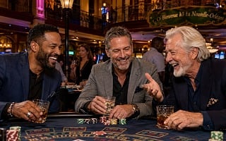 Three men at a casino blackjack table laughing over whiskey glasses under a Bienvenue à la Nouvelle-Orléans sign