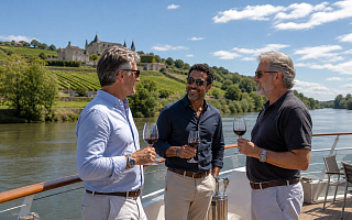Three middle-aged men toasting with red wine on the deck of a river cruise ship passing a hilltop chateau and vineyards along a French river