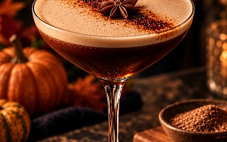 Espresso Pumptini fall coffee cocktail with star anise, pumpkins, and baking spices