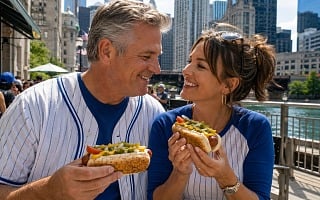 Couple in Cubs jerseys sharing Chicago-style hot dogs along the Chicago Riverwalk