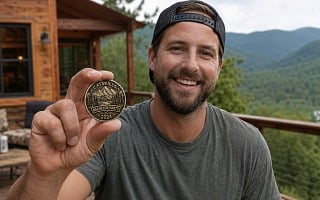 man holding a custom Catskills bachelor party challenge coin at a mountain cabin