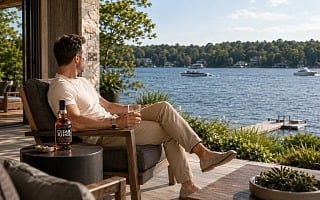 A dad relaxing in a chair by the lake with a glass of Cedar Ridge bourbon