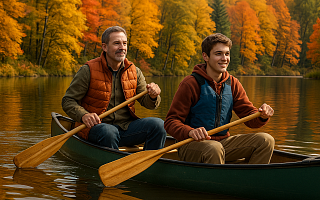 Father and son canoe trip exploring fall colors