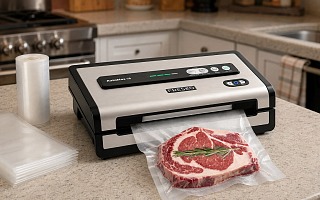 FRESKO AutoMax V8 vacuum sealer on a kitchen counter sealing a ribeye steak, with the included bag roll and pre-cut bags beside it
