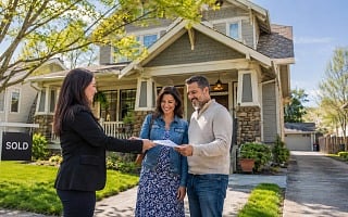 Real estate agent handing closing paperwork to a couple in front of a sold craftsman home
