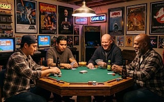 Guys night at home poker tournament with steaks, chips, and cocktails on the table