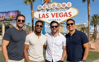 Four friends standing in front of the Welcome to Fabulous Las Vegas sign on a guys trip