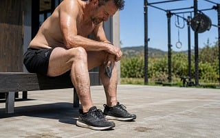 Man sitting on a bench after a workout, resting and checking his lower legs