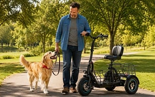 A dad walking his dog past a three-wheel electric cargo trike on a tree-lined park path