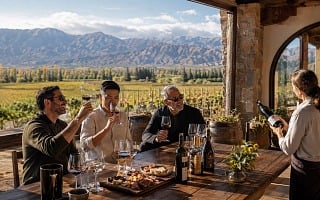 Three guys at a Mendoza vineyard tasting with a sommelier presenting a bottle, Andes mountains and rolling vineyards in the background