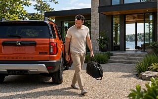 A dad carrying a black leather weekender bag from an orange SUV at a modern lake house