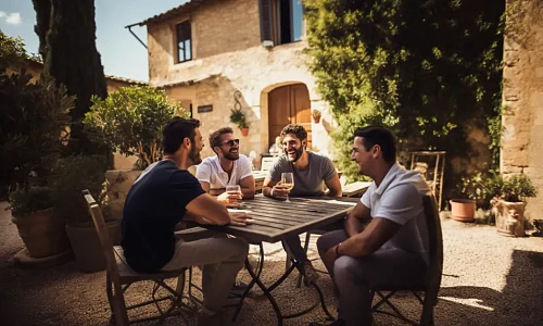 group of guys enjoying wine on a beautiful day in Tuscany