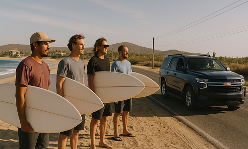 group of men on a surf road trip to baja mexico