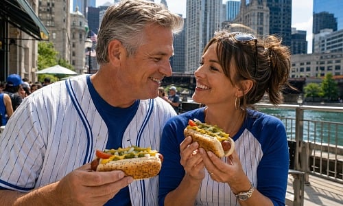 Couple in Cubs jerseys sharing Chicago-style hot dogs along the Chicago Riverwalk