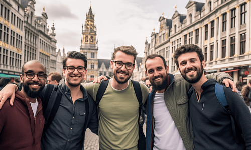 group of men celebrating a awesome guys trip in Brussels
