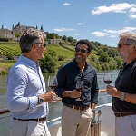 Three middle-aged men toasting with red wine on the deck of a river cruise ship passing a hilltop chateau and vineyards along a French river